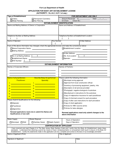 First page of the Application for Body Art Establishment License