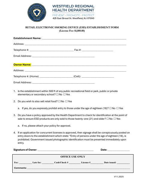 First page of the Retail Electronic Smoking Device Establishment Form