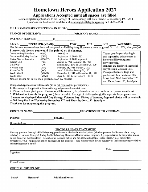 First page of the Hometown Heroes Application 2027