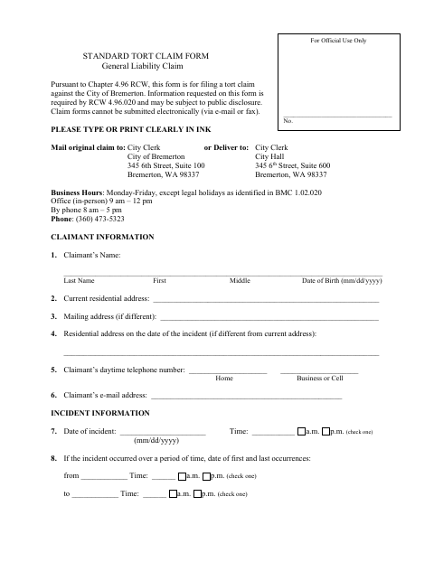 First page of the Standard Tort Claim Form
