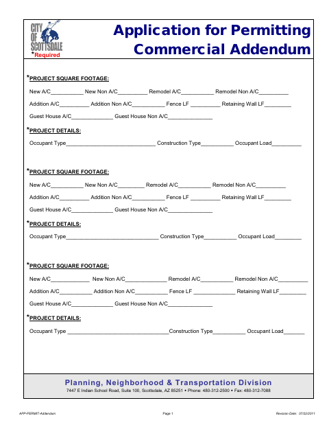 First page of the Application for Permitting Commercial Addendum