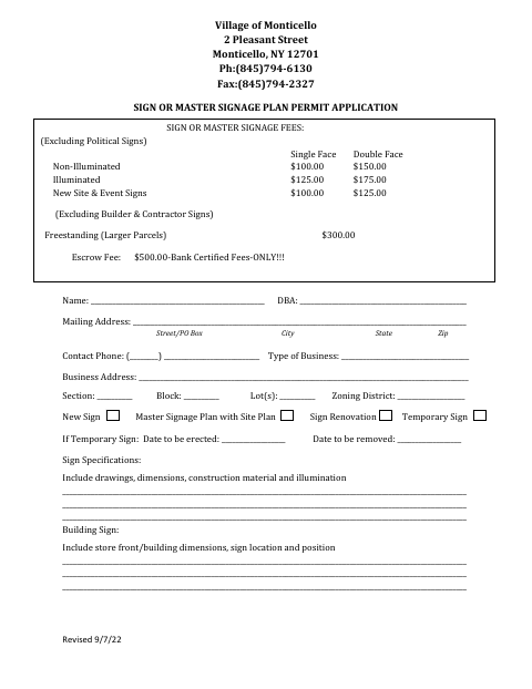 First page of the Sign or Master Signage Plan Permit Application