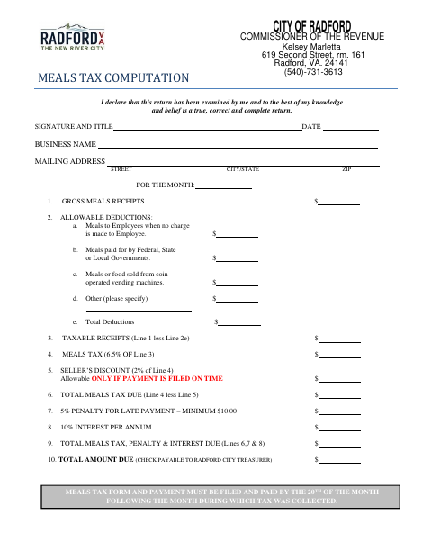 First page of the Meals Tax Computation