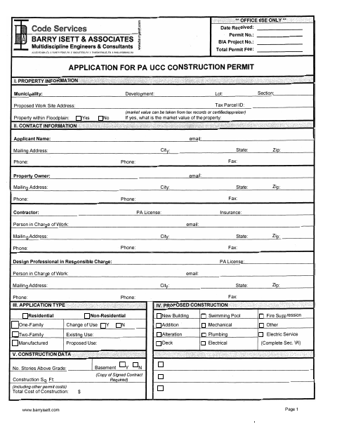 First page of the Application for PA UCC Construction Permit