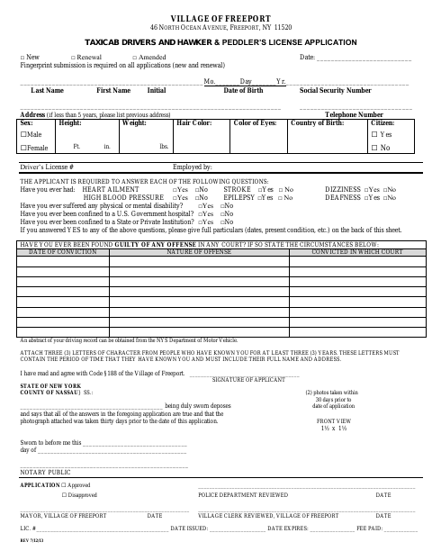 First page of the Taxicab Drivers and Hawker & Peddler’s License Application