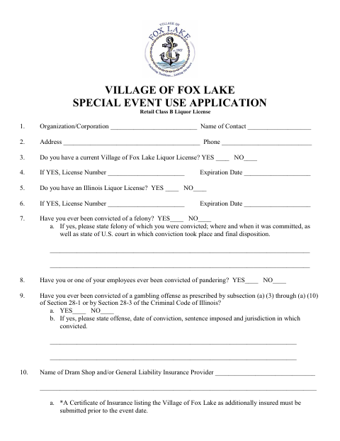 First page of the Special Event Use Application for Retail Class B Liquor License
