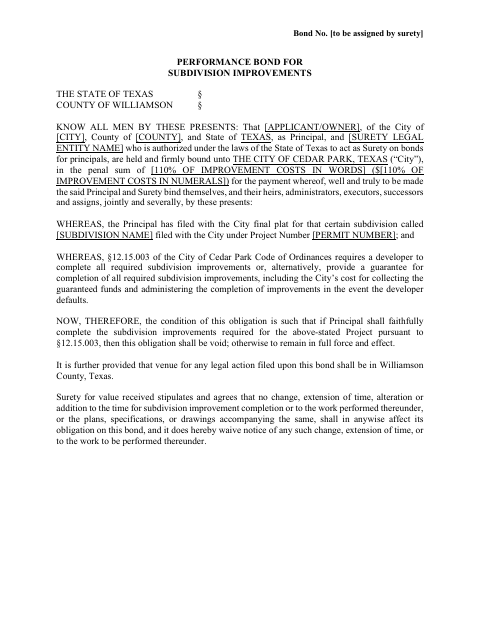 First page of the Performance Bond For Subdivision Improvements
