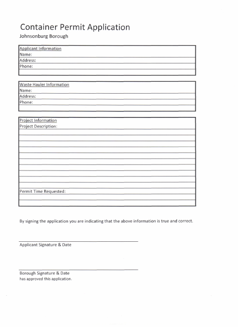 First page of the Container Permit Application