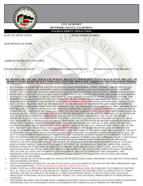 First page of the Encroachment Application