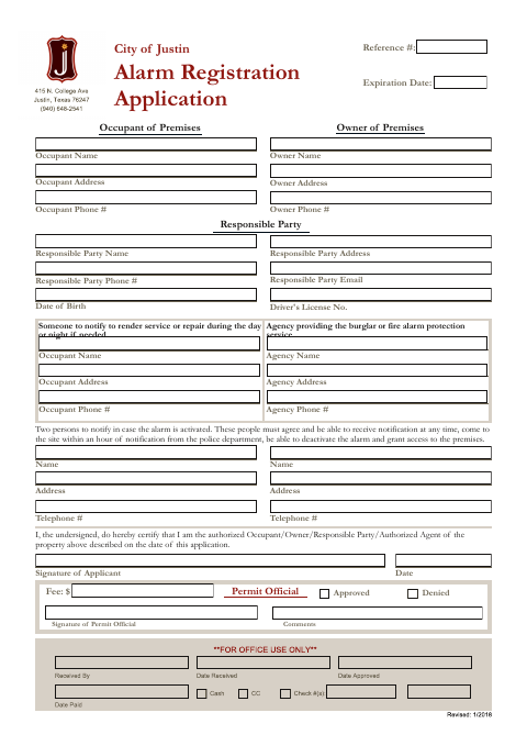 First page of the Alarm Registration Application