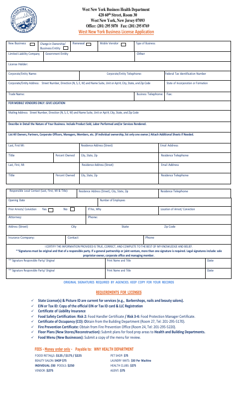 First page of the Business License Application