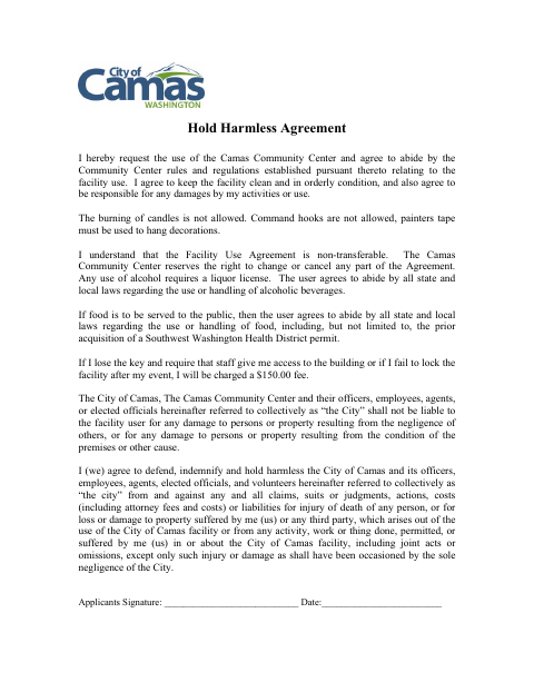 First page of the Hold Harmless Agreement