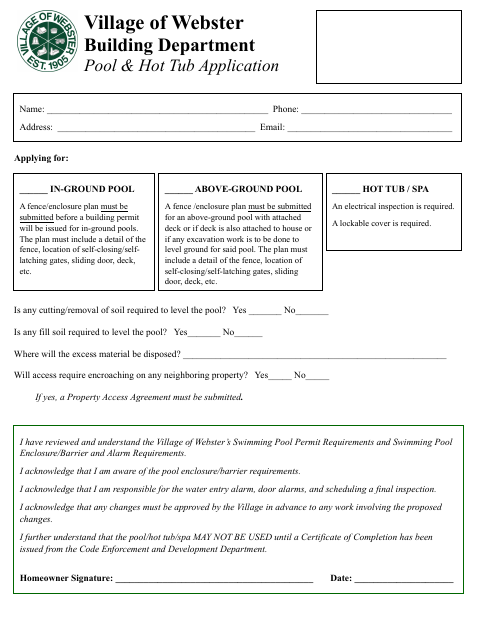 First page of the Pool & Hot Tub Application