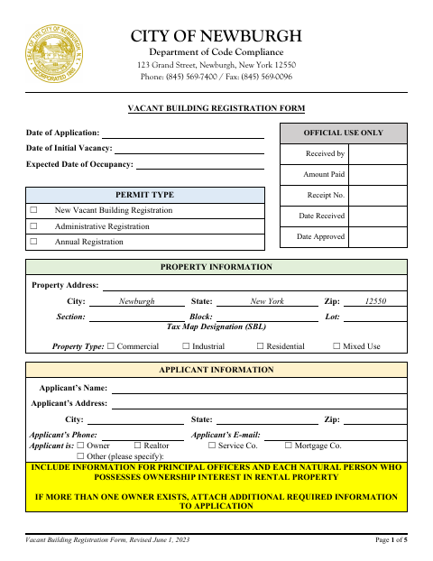 First page of the Vacant Building Registration Form