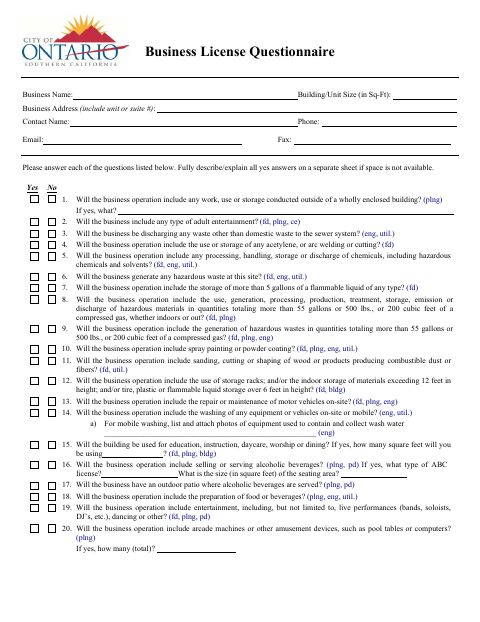 First page of the Business License Questionnaire