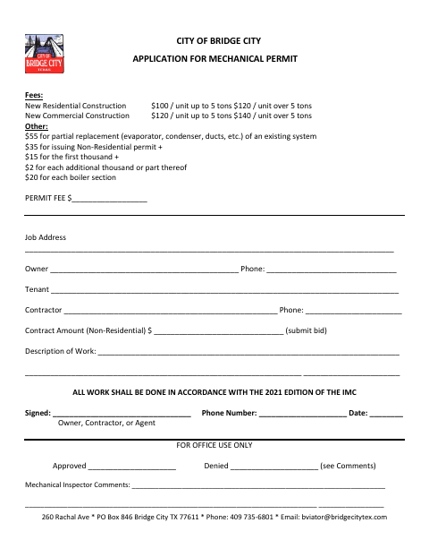First page of the Application for Mechanical Permit