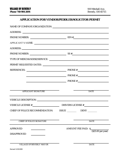 First page of the Application for Vendor/Peddler/Solicitor Permit