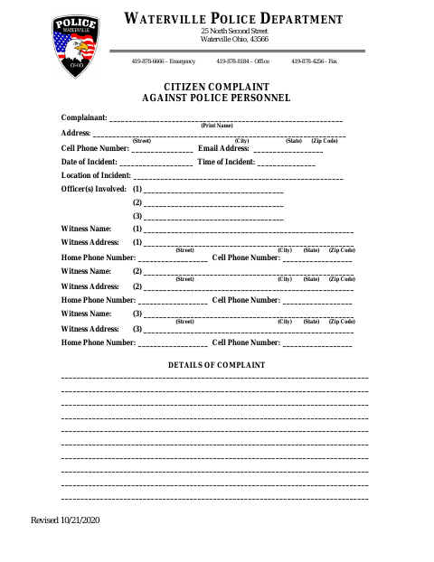 First page of the Citizen Complaint Against Police Personnel