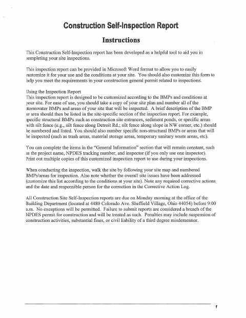 First page of the Stormwater Construction Site Self-Inspection Report