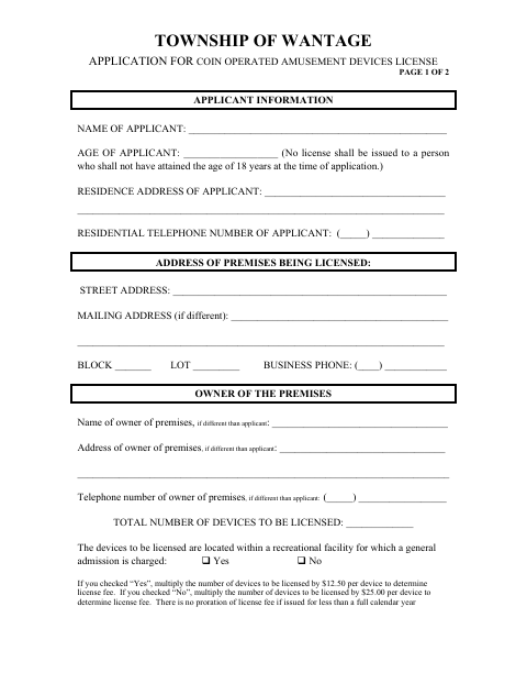 First page of the Application for Coin Operated Amusement Devices License