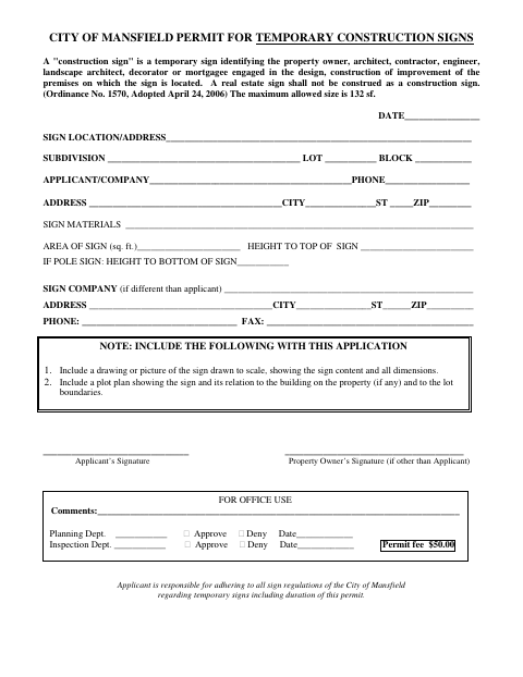 First page of the Permit For Temporary Construction Signs