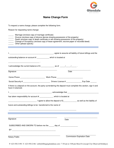 First page of the Utility Account Name Change Form
