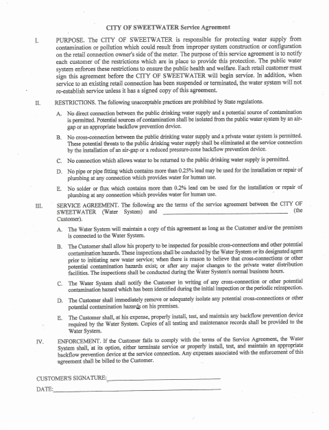 First page of the Customer Service Agreement
