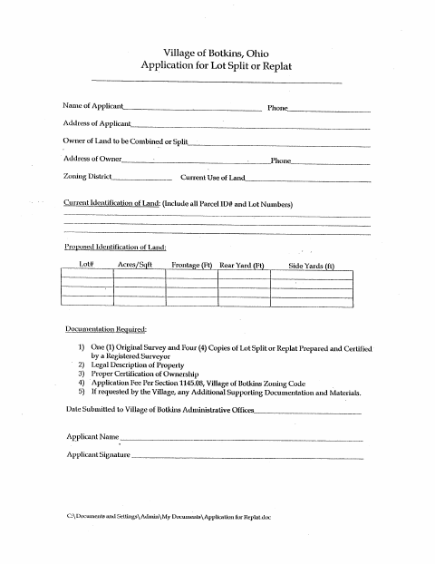 First page of the Lot Split or Replat Application