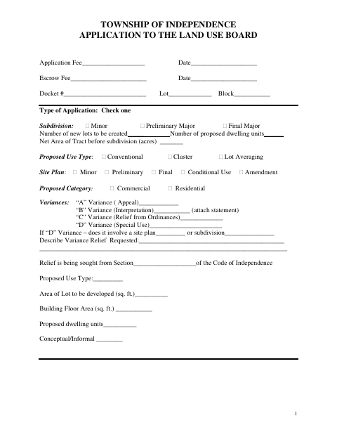 First page of the Application to the Land Use Board