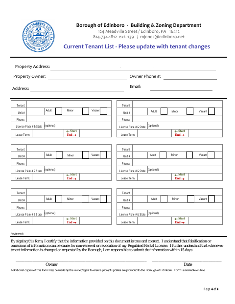 First page of the Current Tenant List