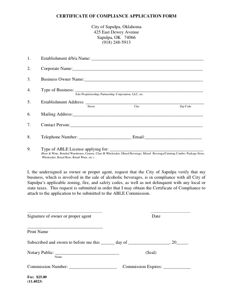 First page of the Certificate of Compliance Application