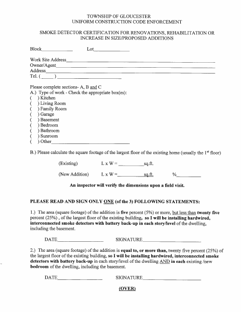 First page of the Smoke Detector Certification for Renovations and Additions