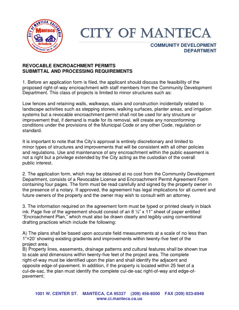First page of the Revocable Encroachment Permit Application