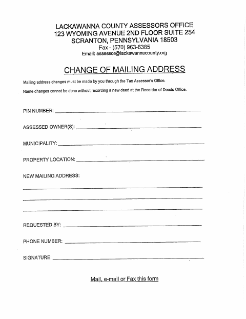 First page of the Lackawanna County Change Of Address