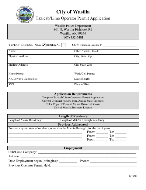 First page of the Taxicab/Limo Operator Permit Application
