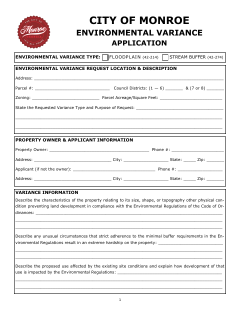 First page of the Environmental Variance Application