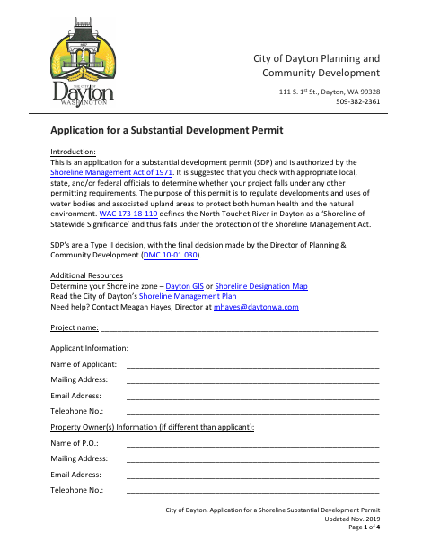 First page of the Application for a Shoreline Substantial Development Permit
