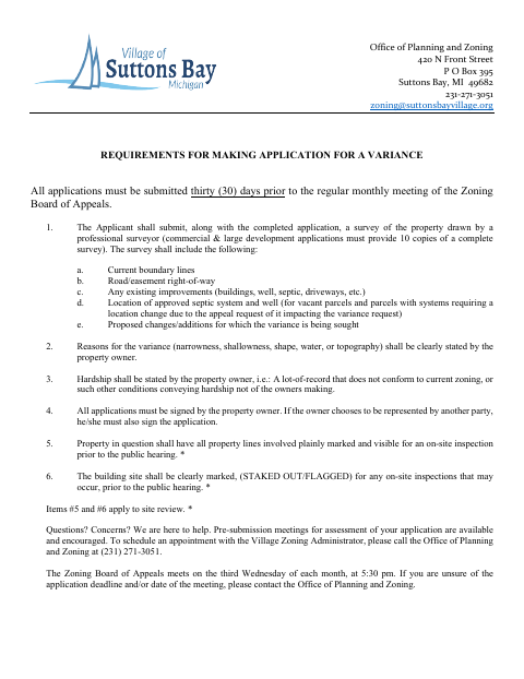 First page of the Zoning Board of Appeals Variance Application