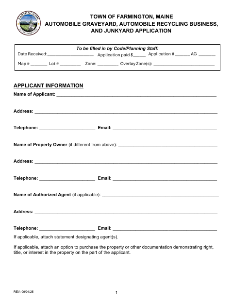 First page of the Automobile Graveyard, Recycling Business, and Junkyard Application