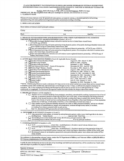 First page of the Disabled Veteran's Exemption Form
