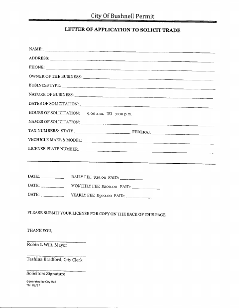 First page of the Application to Solicit Trade