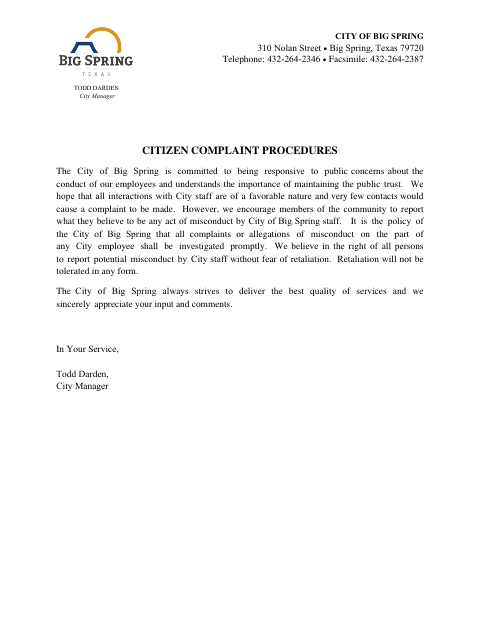First page of the Citizen Complaint