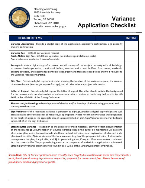 First page of the Variance Application