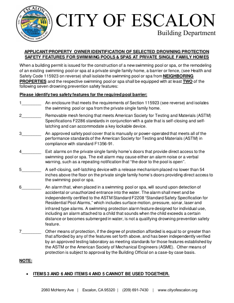 First page of the Swimming Pool and Spa Drowning Protection Feature Identification