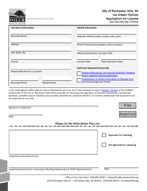 First page of the Ice Cream Vehicle License Application