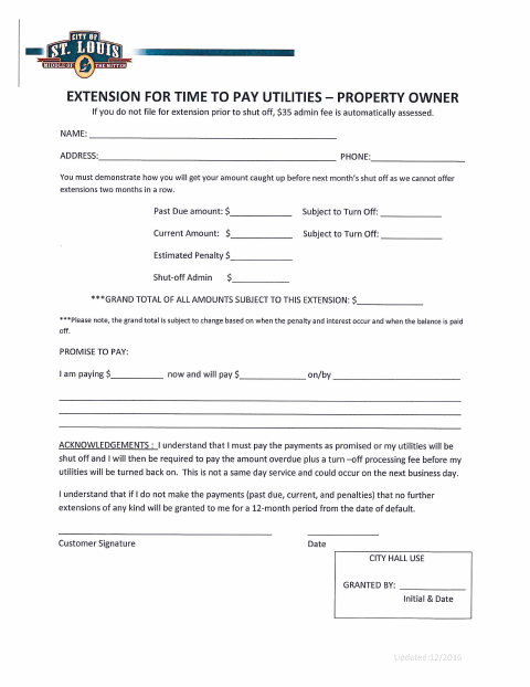 First page of the Extension for Time to Pay Utilities