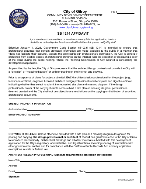 First page of the SB 1214 Affidavit
