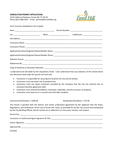 First page of the Demolition Permit Application
