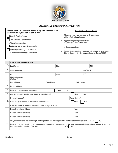 First page of the Boards and Commissions Application