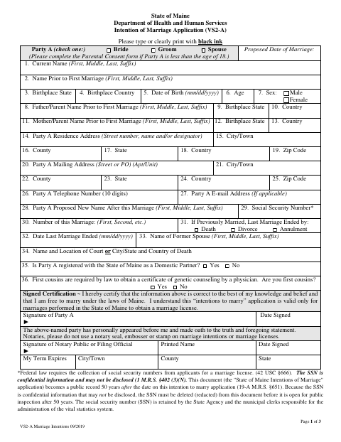 First page of the Marriage Intentions Application